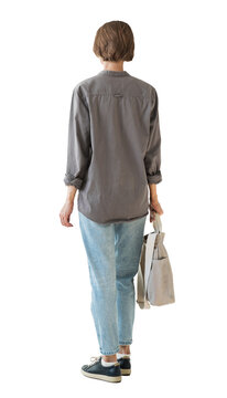 Full length portrait of young woman standing isolated transparent PNG, student girl full body photo PNG with transparent background precisely cut out with clipping path, back view.