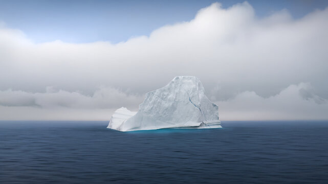 View of a large white iceberg floating in the deep blue ocean under a thick layer of white clouds Greenland.