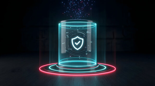 futuristic cyber security data protection shield icon in glowing blue neon digital cylinder storage with red light rings and particle effects for high tech network privacy safety