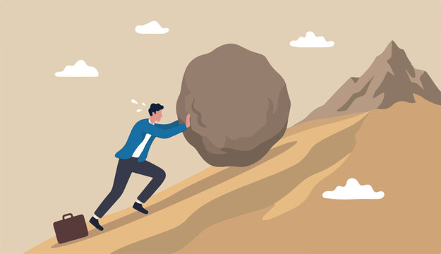 Hard work like pushing boulder uphill, burden or obstacle, business difficulty, struggle, challenge success, motivation persistence concept, businessman pushing boulder uphill mountain peak