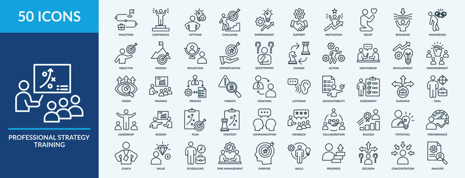 Professional Strategy Training - Icon Collection. Thin outline Set contains such Icons as milestone, confidence, attitude and more. Simple web icons set