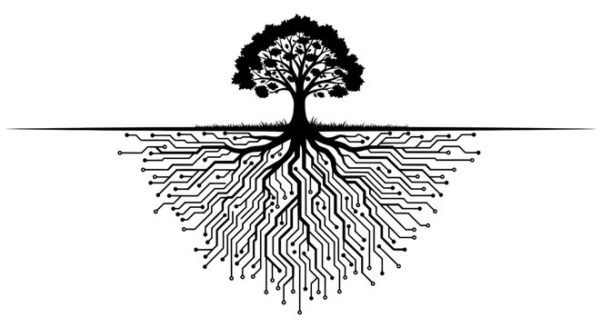 Tree with roots and circuit board.