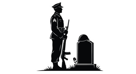 A solemn soldier stands guard before a gravestone a respectful silhouette © sefali