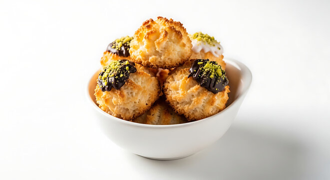 Gourmet Coconut Macaroons Drizzled with Dark Chocolate and Topped with Crushed Pistachios in White Bowl. Luxury Sweet Coconut Cookies Dessert with Nutty Decoration. Traditional Macaroon Recipe.