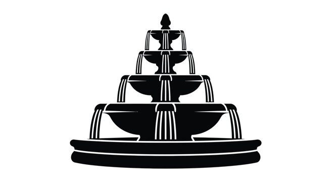 Detailed tiered fountain illustration presented as a striking silhouette