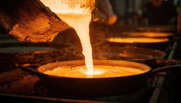 Medium shot of molten aluminum being poured into traditional pan molds for uniform thickness and optimal heat conduction in kitchen cookware.