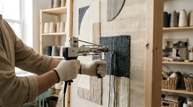 close up of hands using tufting gun to create handmade rug in creative studio with yarn spools on shelves for carpet making hobby diy craft project and artistic textile design