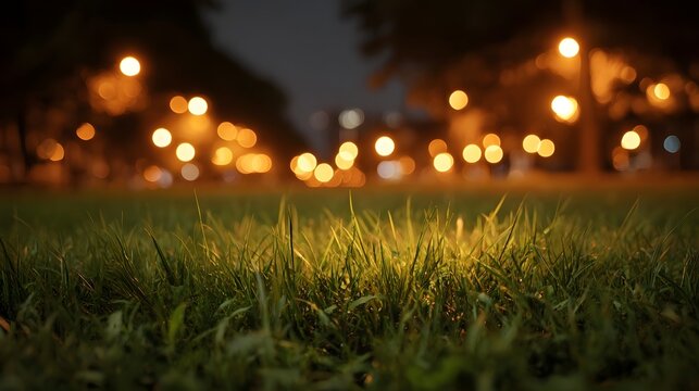 Low angle view of lush green grass at night with blurred vibrant city lights creating a bokeh effect in the background