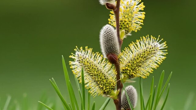 Blooming pussy willow branches with soft fluffy catkins in spring garden, macro nature detail with green background, seasonal growth concept