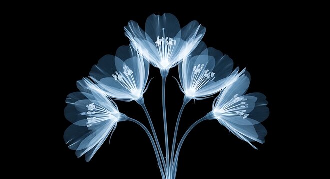 X-ray of five flowers with delicate petals and pistils, on a black background