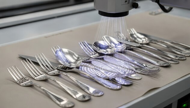 Medium shot of 3D scanning technology capturing detailed surface contours of flatware enabling advanced AI defect detection for flawless mirrorfinished products.