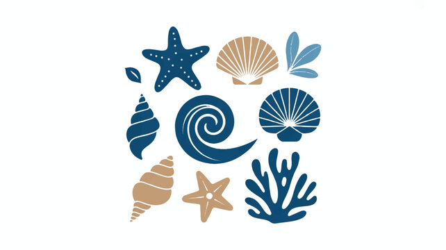 Collection of various sea shells and starfish on white background