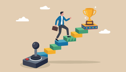  Gamification, business marketing using game challenge, achievement engage customer, winning motivation, joyful businessman walk up stair gaming joystick achieve target © Nazma