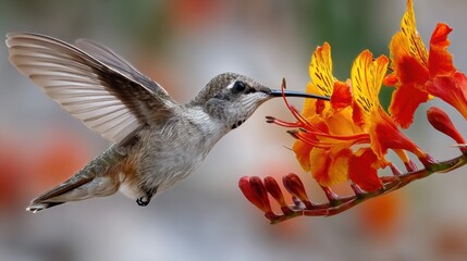 Fototapeta premium Hummingbird feeds on bright orange flowers in a garden during a sunny day in spring