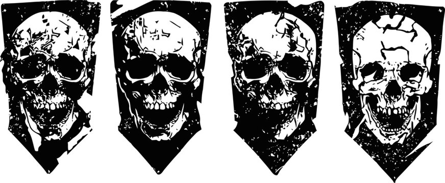 Grunge skull banners set with cracked and distressed textures, dark gothic design elements