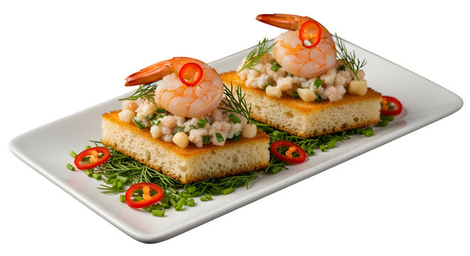 Delicious Gourmet Shrimp Toast Appetizers with Crispy Bread and Fresh Herbs Served on a White Ceramic Plate, isolated on white or transparent background. PNG