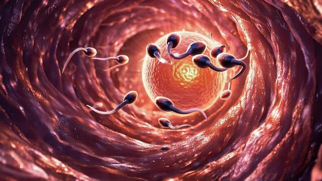 Microscopic view of sperm cells swimming inside the female reproductive tract. Concept of human fertilization, reproductive health, fertility, and medical science.