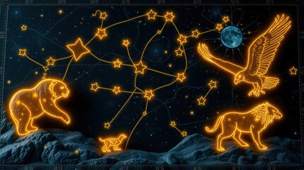 Fototapeta premium Celestial map depicts constellations, lions, eagle, moon. Stars connect forming shapes above mountainous terrain. Dramatic lighting enhances imagery.