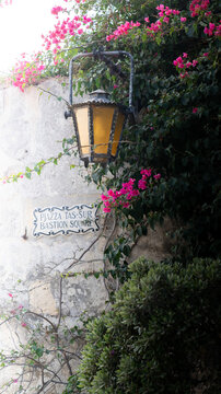 View of a vintage lantern and pink bougainvillea flowers on a stone wall next to the Bastion Square street sign in Valletta, Malta.