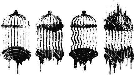 Obraz premium distorted birdcages silhouettes in grunge with dripping ink effect