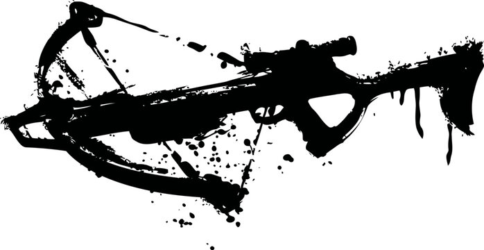 silhouette of a crossbow with ink splatter design weapon outline in grunge illustration