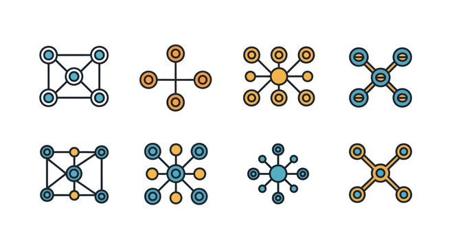 Abstract geometric icon set featuring diverse connections symbolizing data flow, network architecture, and technological communication; created in a vibrant, minimalist flat style, isolated 