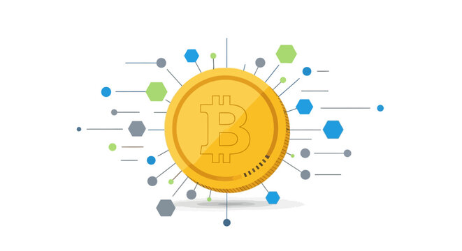 Conceptual representation of a golden Bitcoin coin with network connections radiating outward, signifying blockchain technology, financial transactions, and digital currency innovations agai