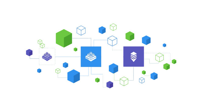 Abstract digital data visualization with interconnected isometric cubes, squares, and polygonal shapes representing network connection and technology on a clean white background.