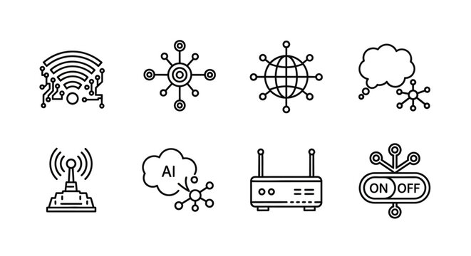 Minimalist black and white vector icons set of different technological concepts, including wireless internet, computer networks with globe, AI cloud, antenna, and router switch in abstract s