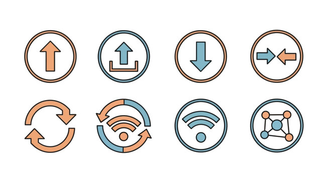 Minimalist digital data transfer and network connectivity icon set, featuring upload, download, refresh, wifi, and data exchange symbols in a simple, modern design, perfect for tech or web u