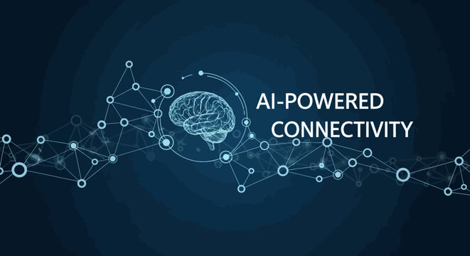 Conceptual representation showcasing AI-powered connectivity with a central brain graphic surrounded by a network of interconnected points and lines on a dark blue background symbolizing mod