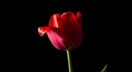 Obraz premium A vibrant red tulip standing alone against a dark background showcasing its delicate petals and slender stem in a simple yet striking composition