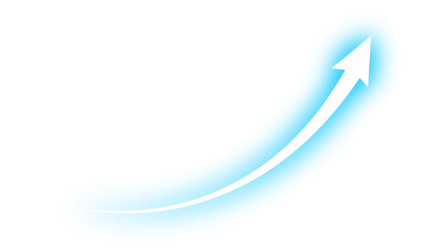 Neon glowing blue curved vector arrow moving up concept of stock market business growth, financial profit, economic growth, business grow up trend. Business growth upward arrow sign.