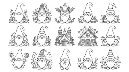Obraz premium set of cute gnomes and house in doodle style with flowers and plants