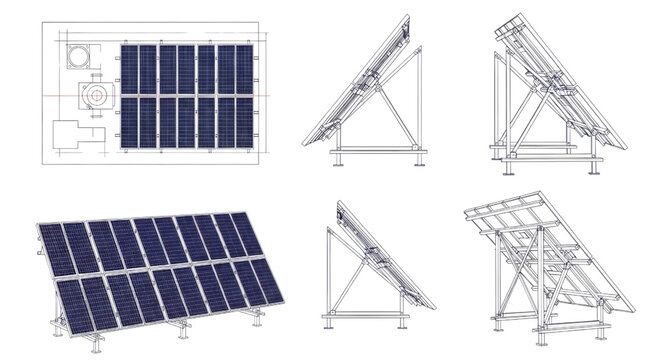 Solar Panel Blueprint Vector &ndash; Photovoltaic Collector System Multiview Technical Drawing Blue Purple Outline