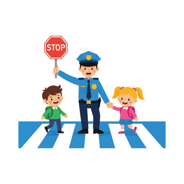 Police officer guiding children across a pedestrian crosswalk with a stop sign.
