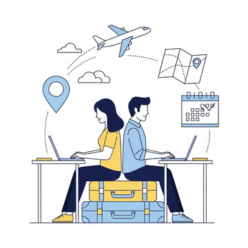 Couple planning a journey together using digital devices and travel tools