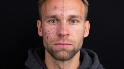 Obraz premium Caucasian male adult face close-up with acne treatment before and after