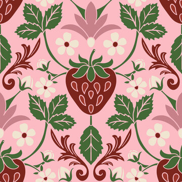 Vintage Strawberry Damask Seamless Pattern Pink Floral Berry Garden Harvest Cottagecore Wallpaper Textile Background
