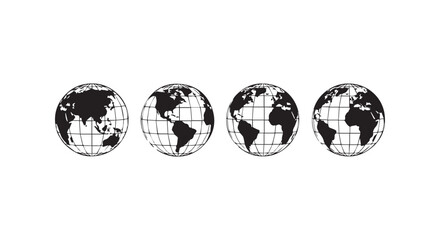 Obraz premium Four black and white globes with grid lines on a white background