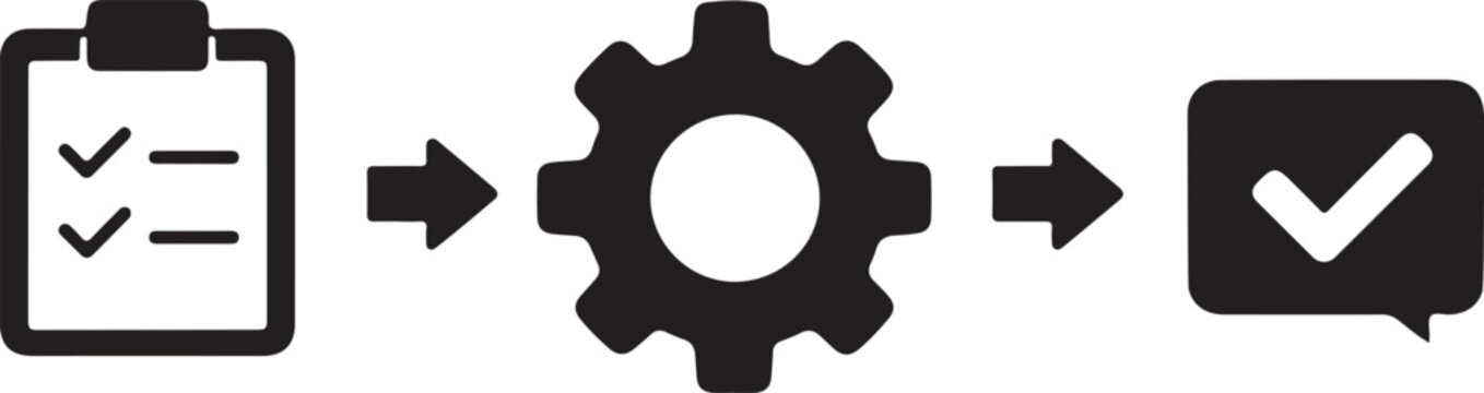 Workflow process with checklist gears and confirmation steps illustrated
