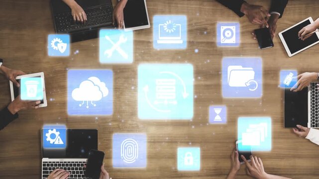 Data recovery icons show backup, data recovery process, and secure restoration. Data recovery ensures system reliability, data recovery protection, and information access. Funnel