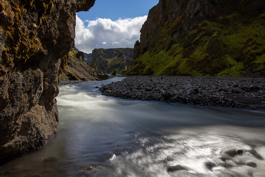 Thorsmork Iceland glacial river mountain valley long exposure