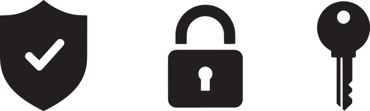 Minimalist security icon collection with solid shield padlock and keyhole.