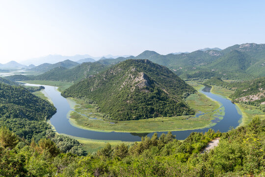 Aerial view from Pavlova Strana of the Rijeka Crnojevica river in Skadar Lake National Park, Montenegro