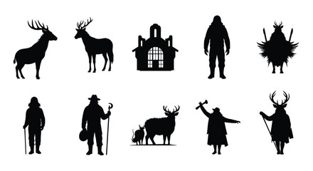 Fototapeta premium Collection of black silhouettes depicting deer people and a building silhouette