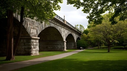 Fototapeta premium A majestic stone viaduct spans across a sun d d park pathway with people enjoying the tranquil green space