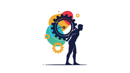 Obraz premium Silhouette of a strong person carrying a massive gear on their back against a background of colorful abstract shapes and gears.