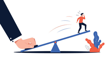 Fototapeta premium Huge corporate hand pushing down on a seesaw to launch a surprised man high into the air as a metaphor for external help or rapid promotion.