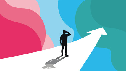 Obraz premium Silhouette of a man standing on a white path that forms a large arrow pointing towards colorful abstract shapes representing different goals.